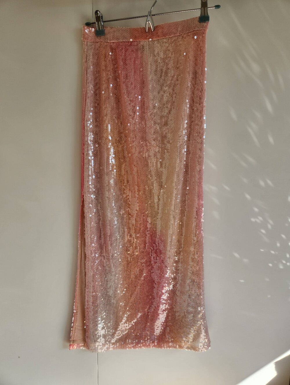MISA Los Angeles Aisha Pink Sequin Sheer Mesh Midi Skirt Side Slit NWT XS